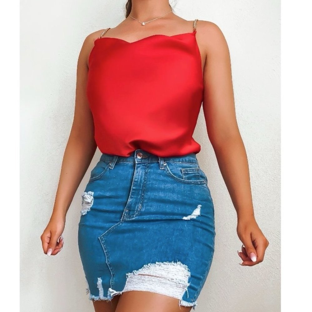 Red Satin Silk Sleeveless Chain Strap Cowl Neck Top Blouse - Picture 5 of 11